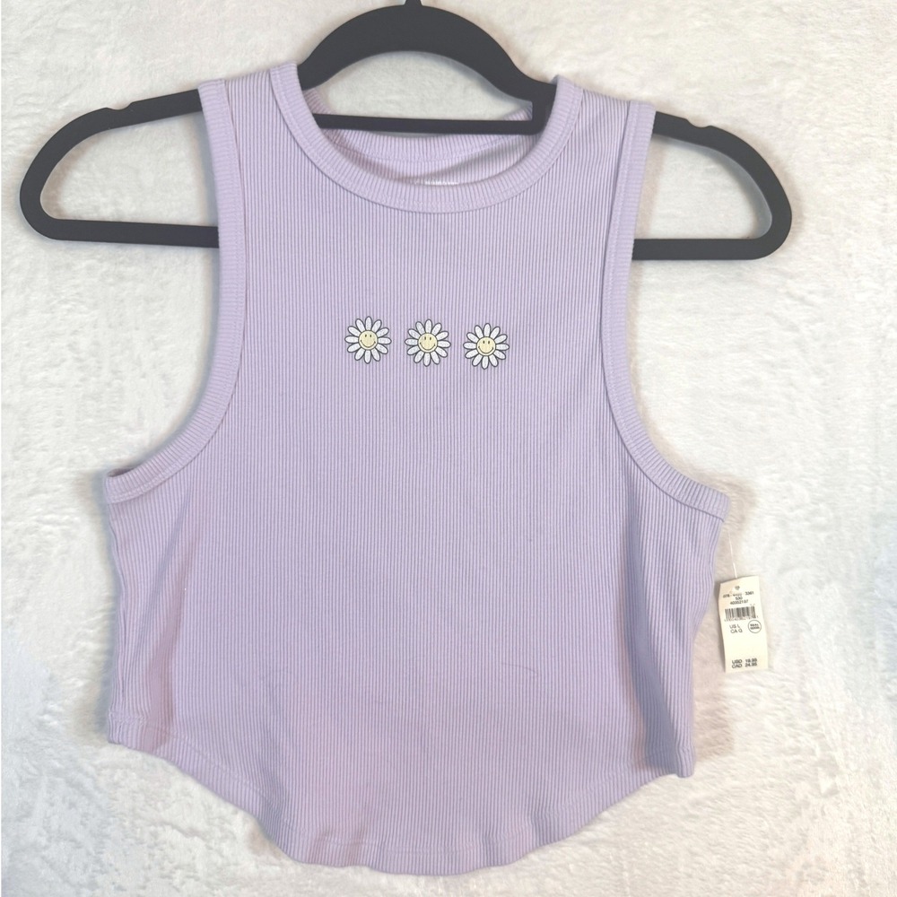 Aerie Tank Top Ribbed‎ Daisy Smiley Face Graphic Large Purple Womens